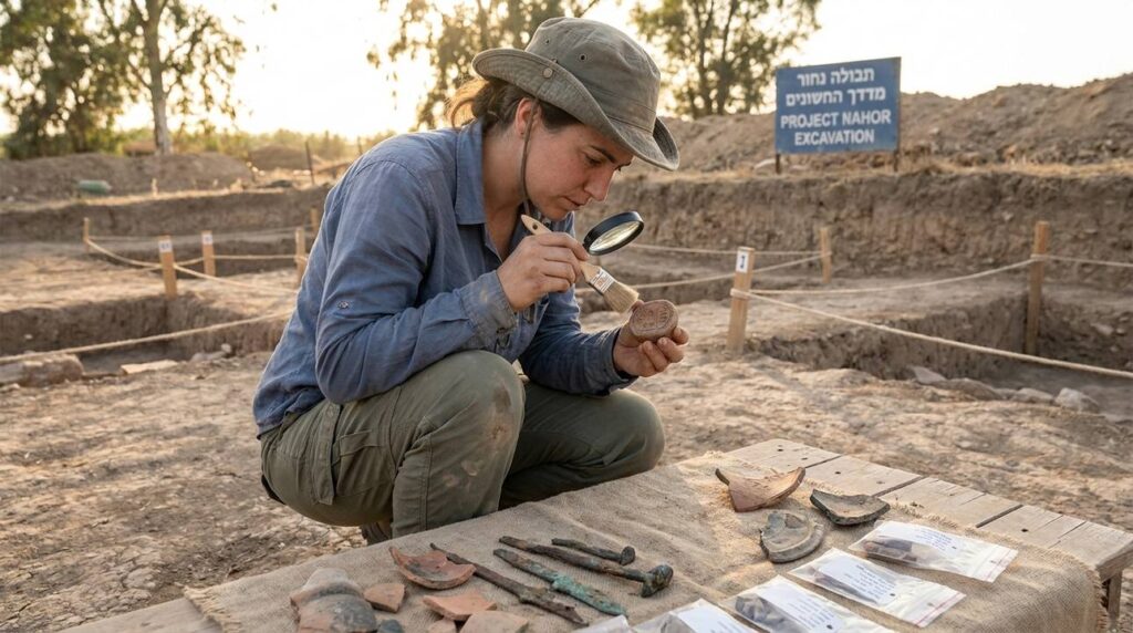 Israeli archaeologist examines artifacts at Nahor excavation site.