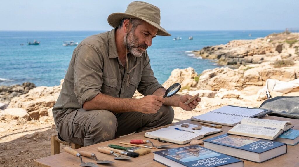 Israeli archaeologist examines artifacts at coastal site, Mediterranean Sea background.