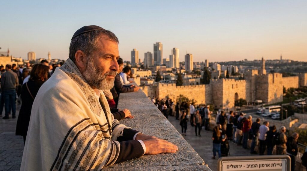 Jewish man in tallit and kippah overlooking Jerusalem skyline at dusk.