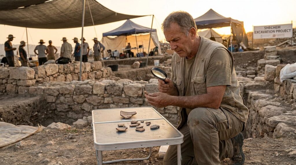 Middle-aged archaeologist examines pottery shards at Shechem excavation site.