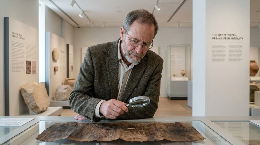 Israeli historian examines ancient scrolls in a modern museum.