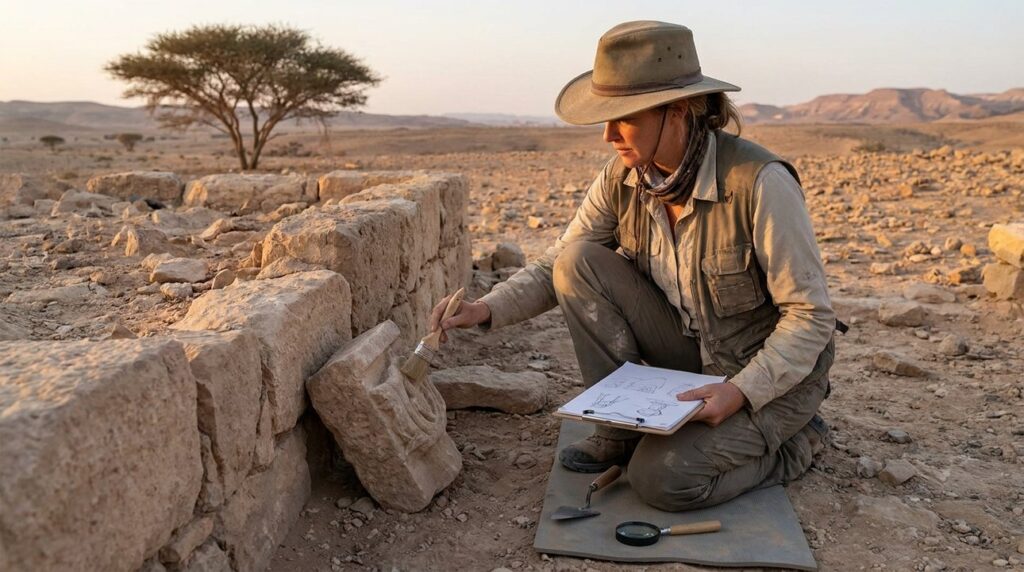 Israeli archaeologist examines ancient ruins with brush and clipboard.
