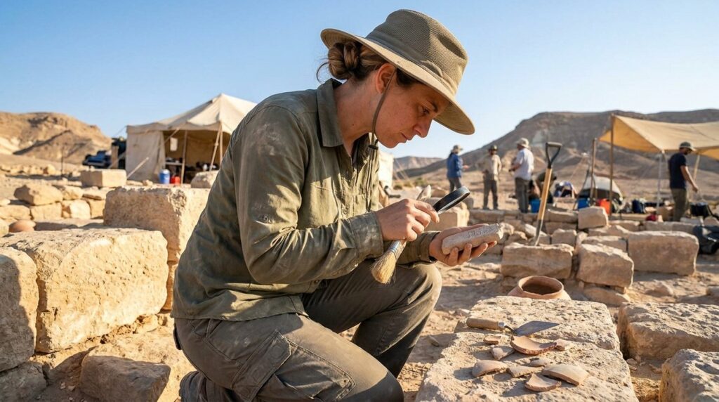 Israeli archeologist examines ancient ruins in Negev desert.