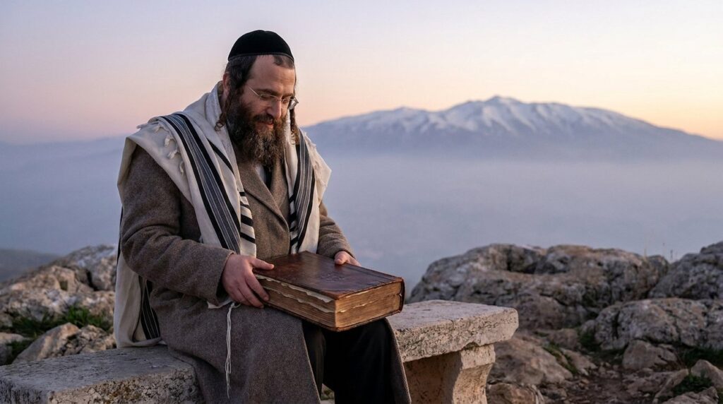 Orthodox Jewish man reads ancient book outdoors, Mount Hermon behind.