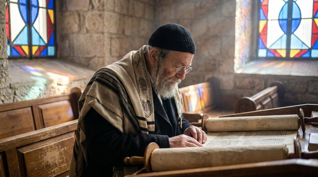 Elderly Jewish man in tallit and kippah reading Torah in synagogue.