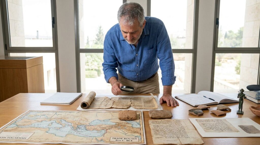 Israeli historian examines ancient scrolls and maps at museum table.