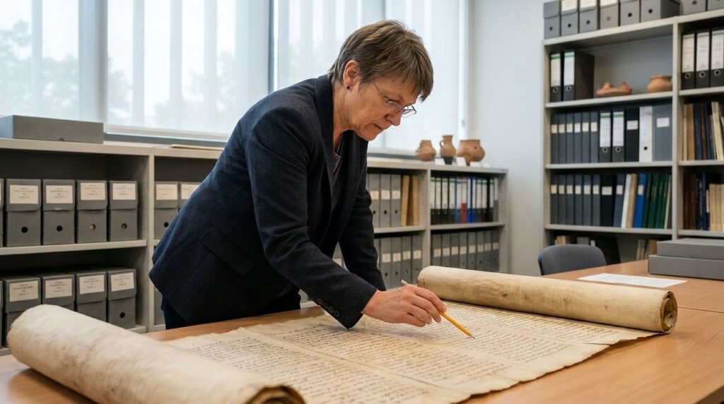 Israeli historian examines ancient scrolls in a modern archive room.