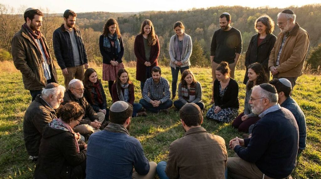 Diverse group of Jewish individuals praying together outdoors at sunset.