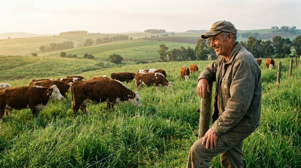 Israeli farmer observing cattle in lush, green Bashan pastures.