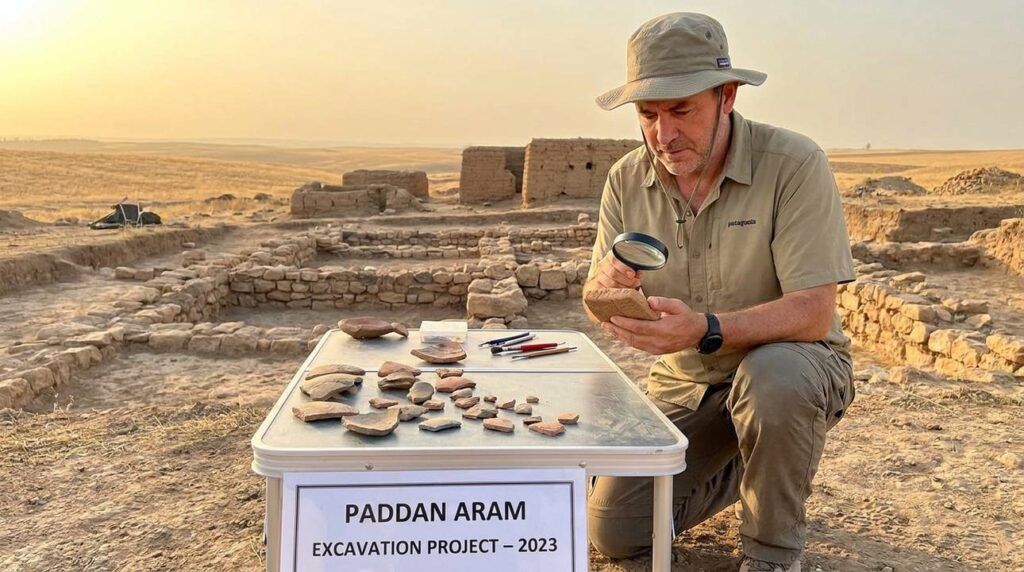 Male archaeologist examines artifacts at Paddan Aram archaeological site.