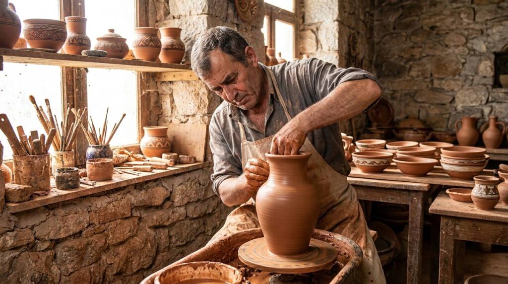Middle-aged Israeli artisan crafting pottery in sunlit Gebal workshop.