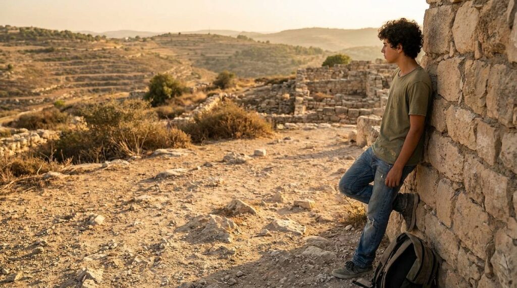 Israeli teenager stands at Ephes Dammim, contemplating the rugged landscape.