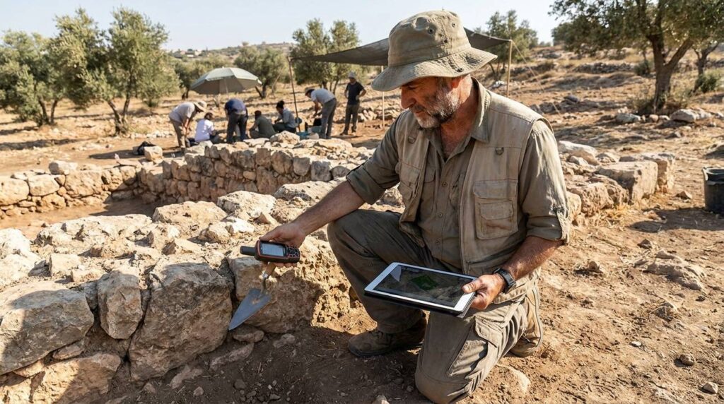 Israeli archaeologist examining ancient ruins in Mamre with GPS and map.