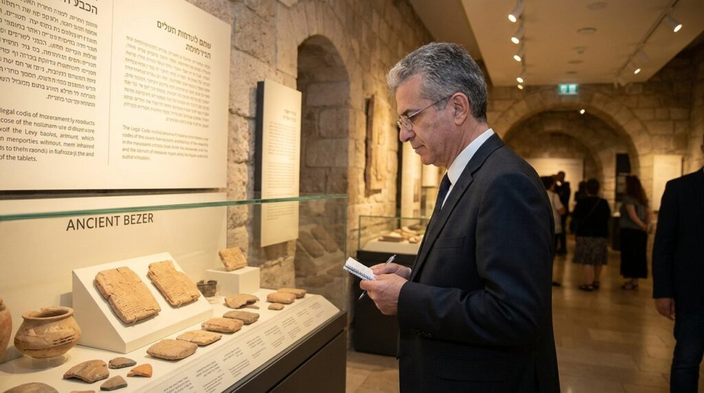 Middle-aged Israeli lawyer standing near ancient Bezer exhibit in museum.