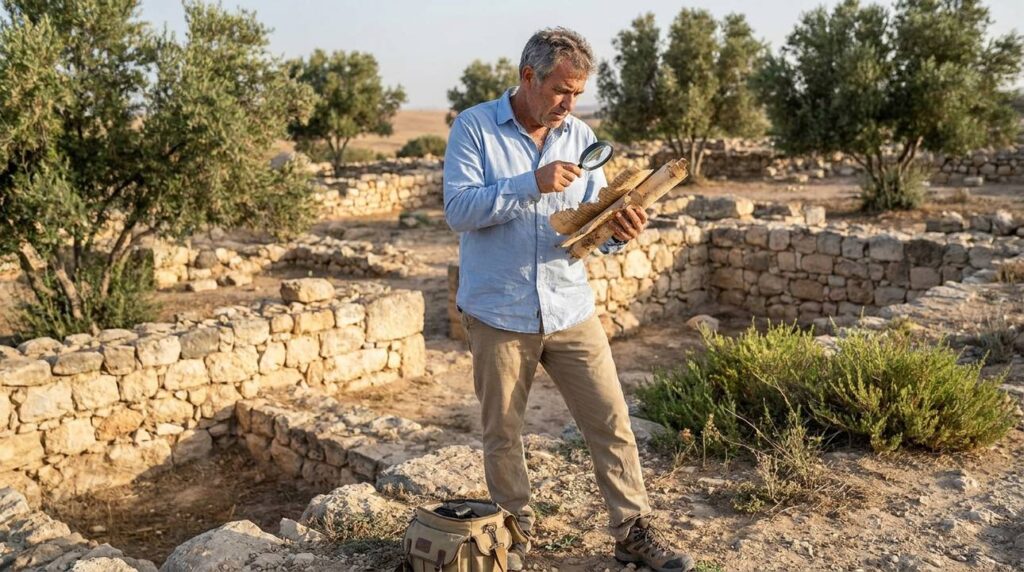 Middle-aged Israeli historian studying scrolls at Gerar archaeological site.