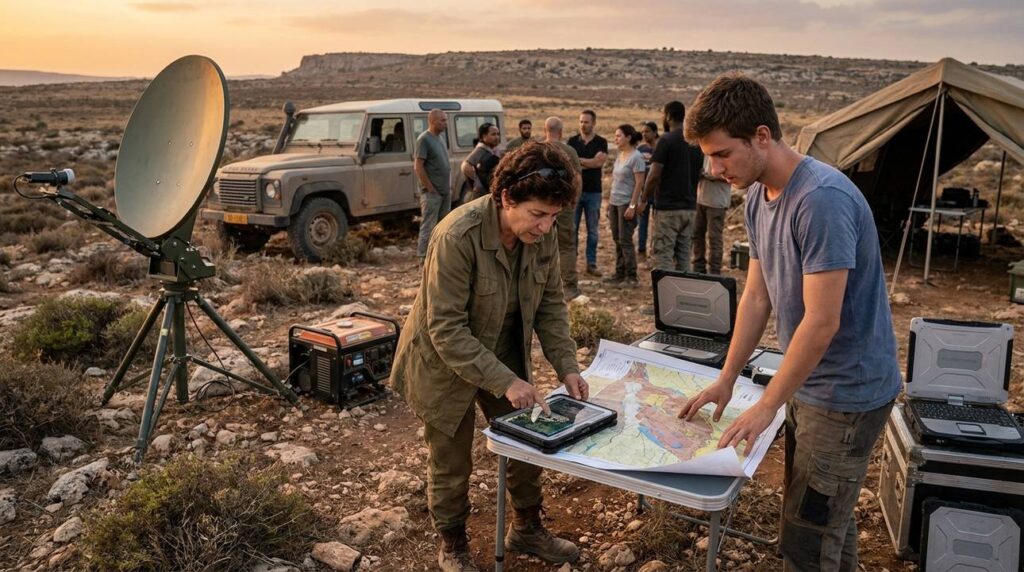 Israeli woman and European man analyze data and maps outdoors.
