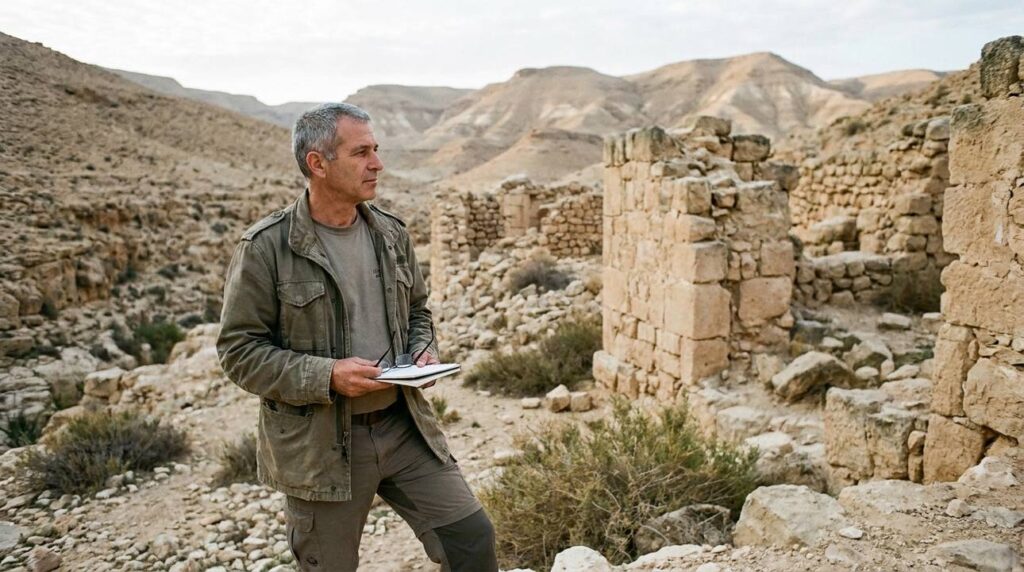 Israeli historian examines ancient ruins in Ziz Pass, desert backdrop.