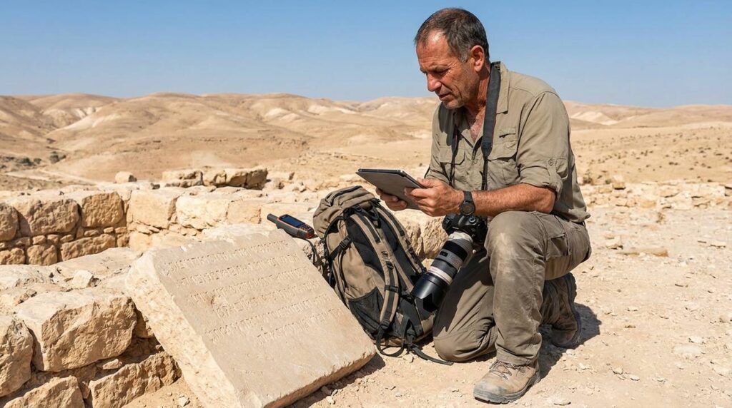 Israeli archaeologist examining Ramah ruins with digital equipment in desert.