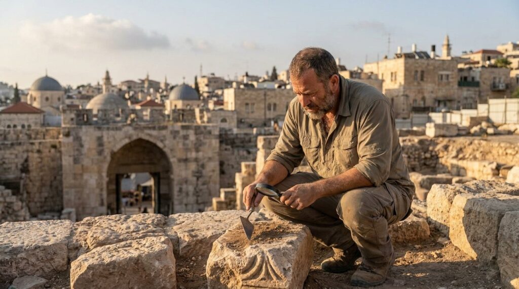 Israeli archaeologist examines ancient stones at Jerusalem's Valley Gate.
