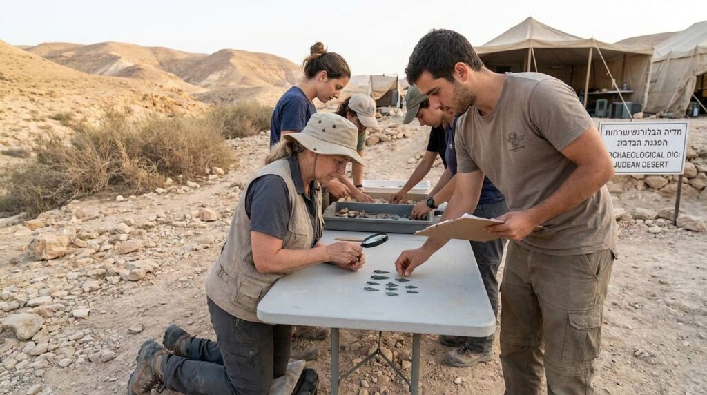 Israeli archaeologists examine ancient archery artifacts in the Judean desert.