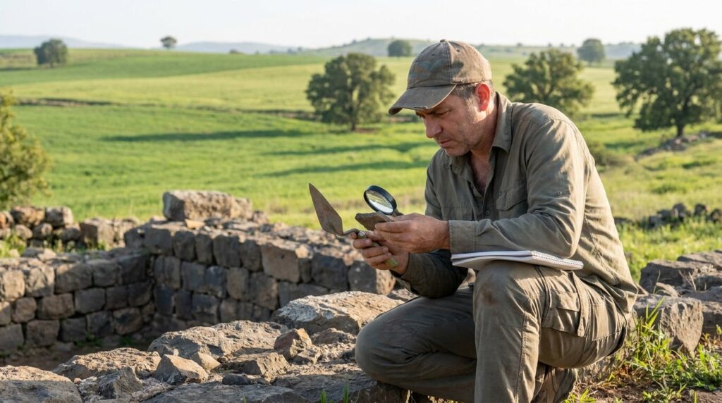 Israeli archaeologist in casual attire examining ruins in Bashan.
