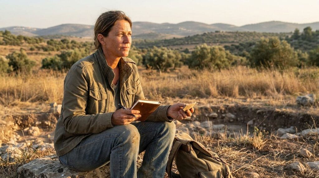 Israeli historian examines artifacts at Elah, notebook in hand.