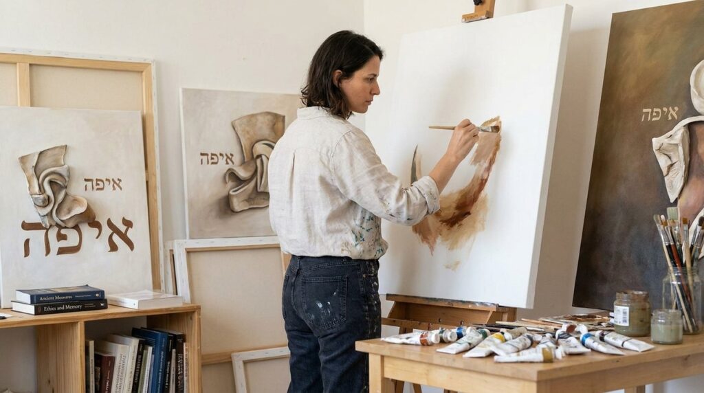 Israeli artist paints on canvas in studio surrounded by art.