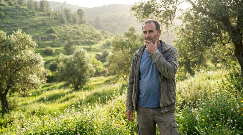 Middle-aged Israeli man in casual attire, reflecting in green valley.
