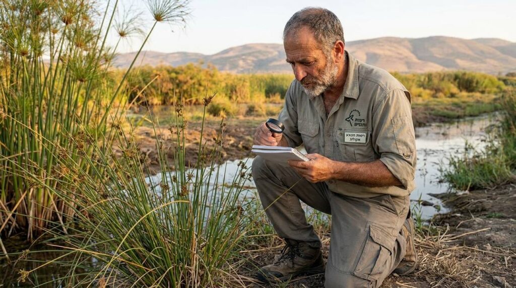 Middle-aged Israeli researcher examines wetland plants in Hula Valley.