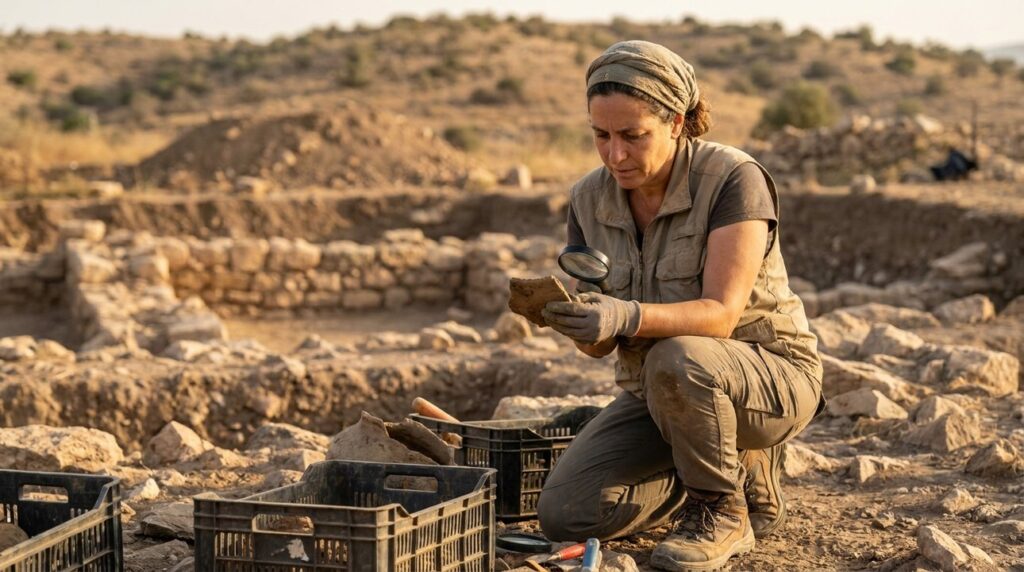 Israeli archaeologist examines artifacts at Zaretan excavation site in morning light.