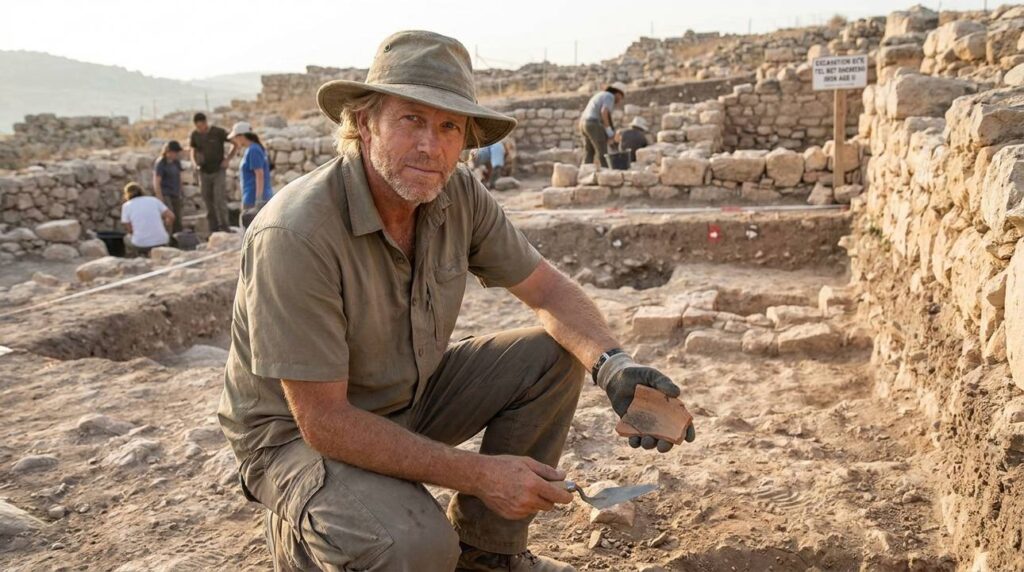 Israeli archaeologist examines Iron Age pottery at excavation site.
