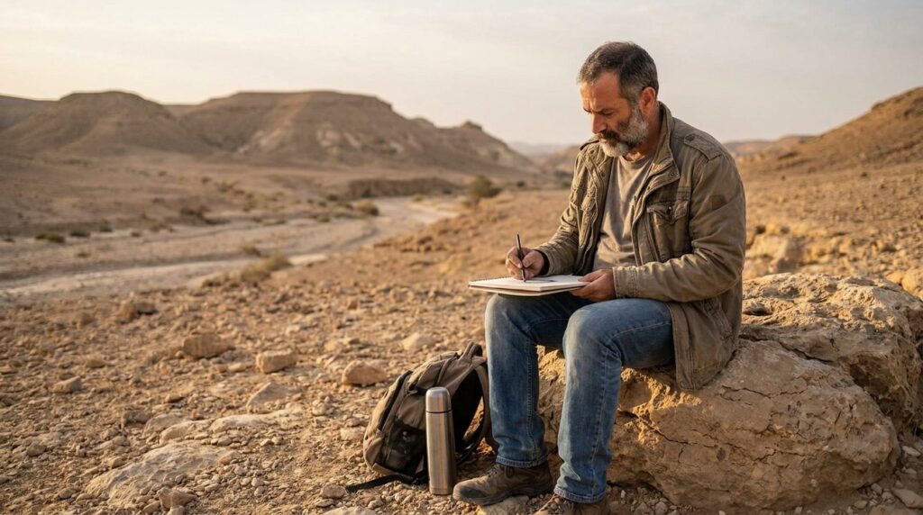 Israeli artist sketching in a notebook on a desert rock.