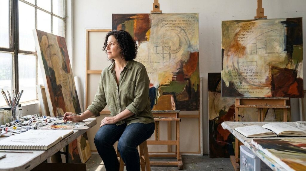 Israeli artist in studio, contemplating among vibrant, biblically-inspired artworks.