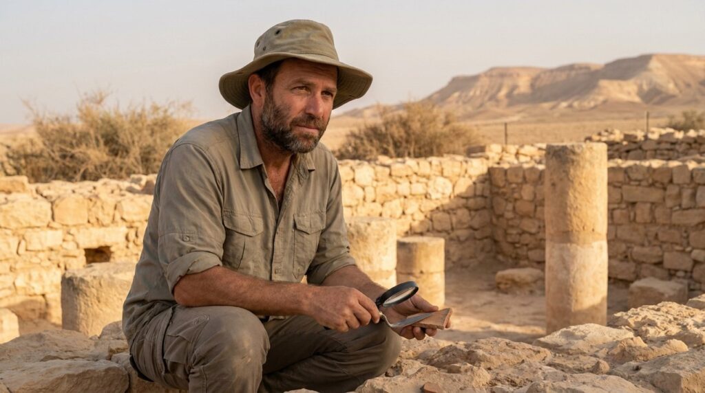 Israeli archeologist examines ancient ruins in Negev desert at sunrise.