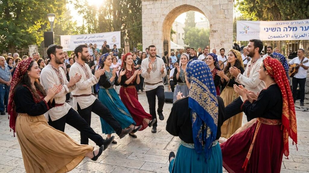 Israeli performers in traditional costumes dancing at a festival in Nazareth.