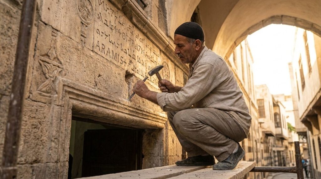 Syrian artisan restoring ancient Aramean architecture in Damascus.