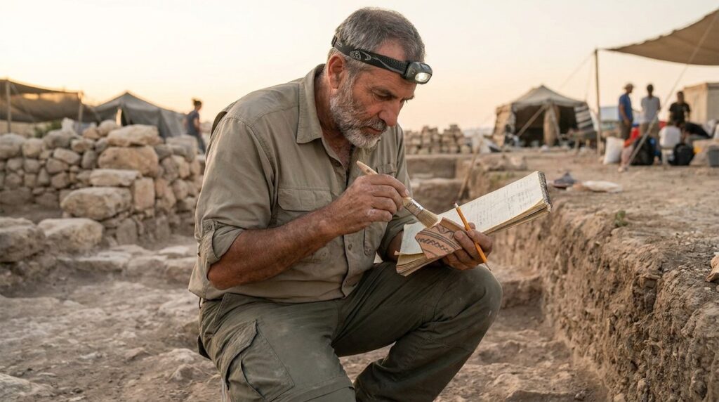 Israeli archaeologist examines pottery shards at Topheth excavation site.