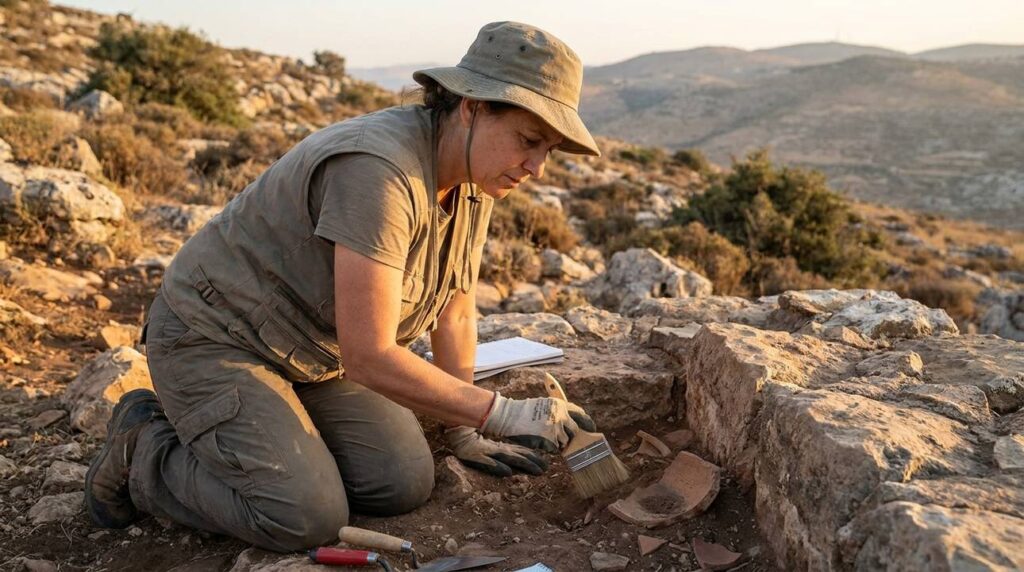 Israeli archaeologist uncovers artifacts at Mount Ebal ruins at sunset.