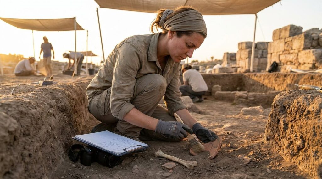 Israeli archaeologist examines artifacts at Alein excavation site in evening light.