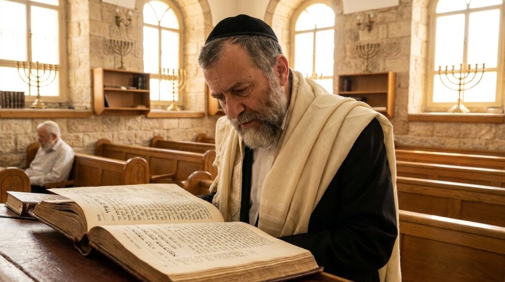 Orthodox Jewish man reading Targum in a synagogue with menorahs.