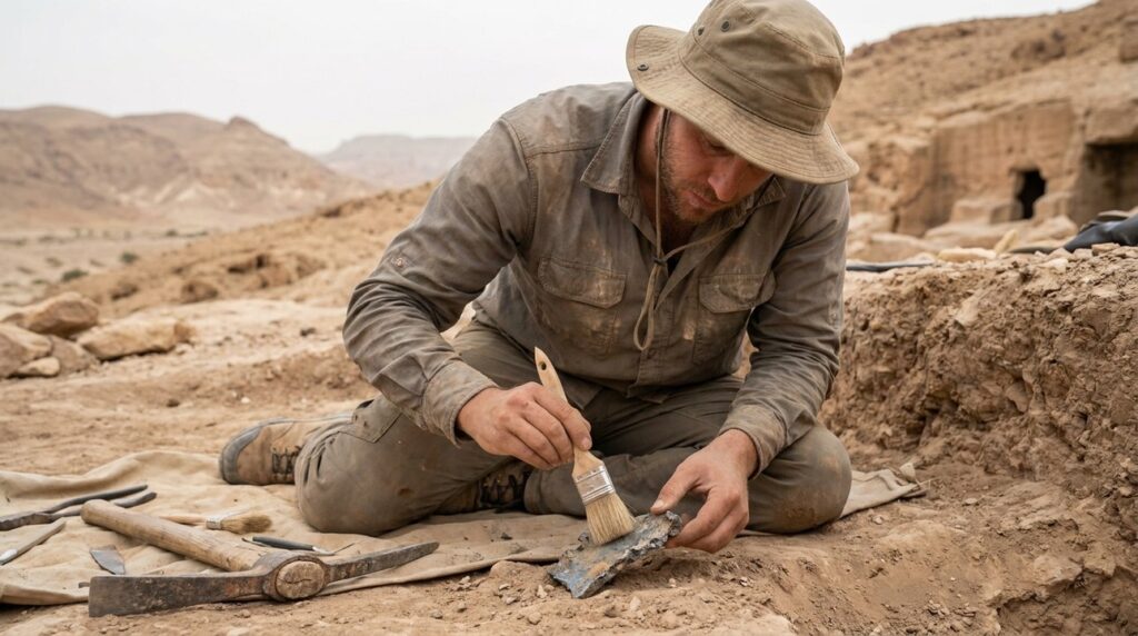 Archeologist examines metallurgical artifacts at Timnah with tools, rugged terrain.