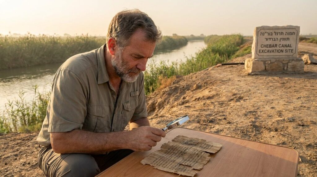 Middle-aged Israeli historian examining ancient scrolls by Chebar Canal.