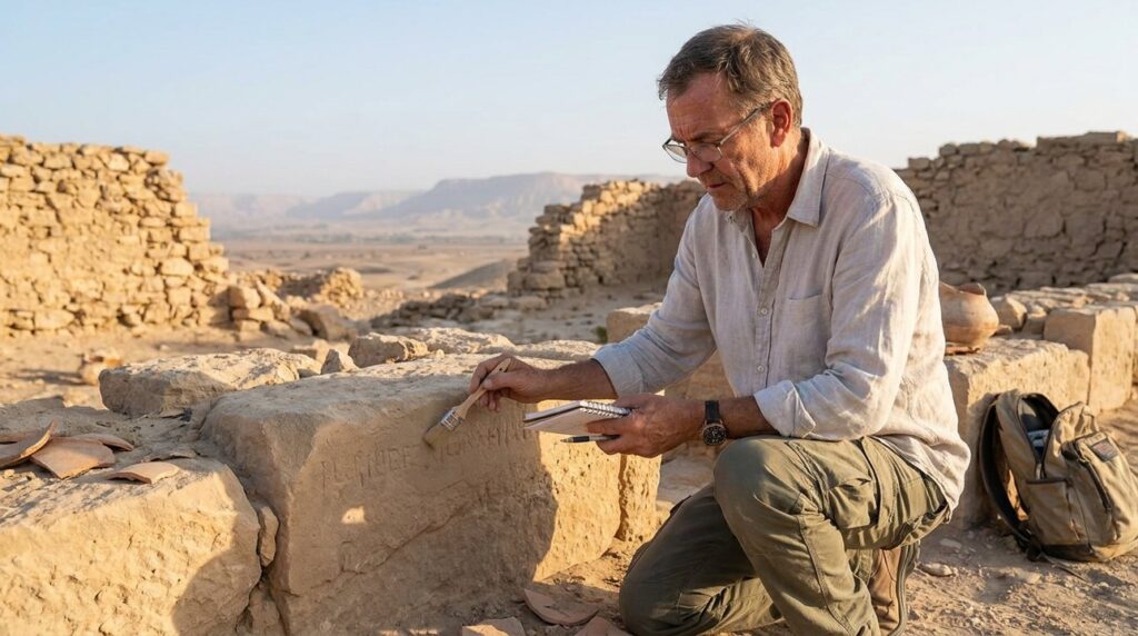 Israeli historian examining ancient ruins in Arad, surrounded by arid landscape.