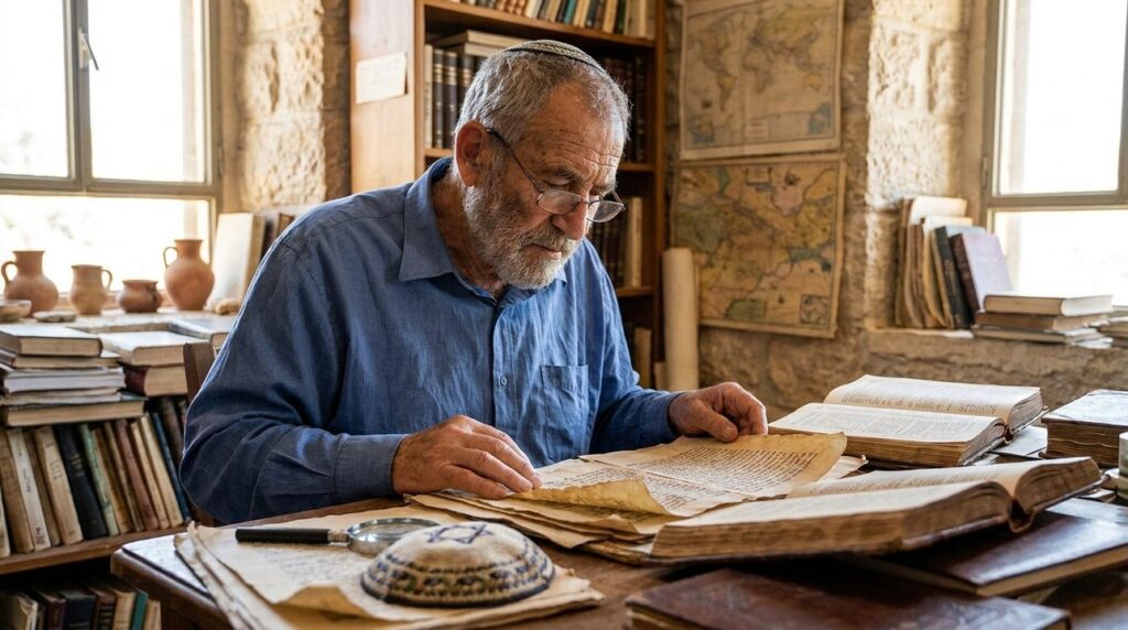 Elderly Israeli historian studying ancient texts in a book-lined study.