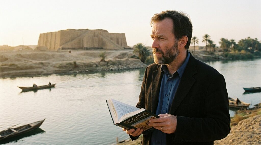 Middle-Eastern historian with book by Tigris river, viewing ancient ruins.