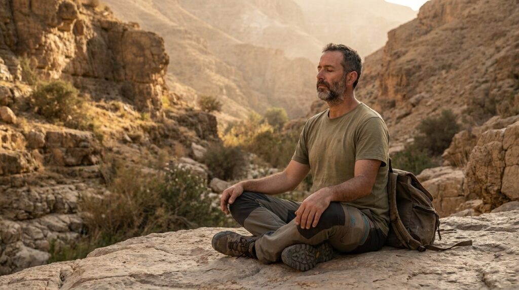 Israeli man meditates in Wadi Cherith during golden evening light.