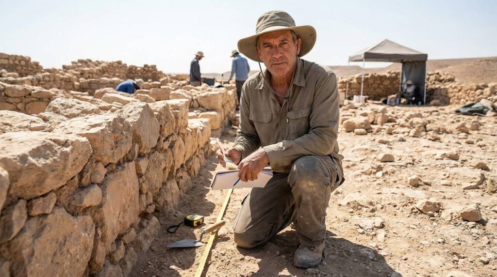 Israeli archaeologist examining stone ruins in Negev desert with tools.