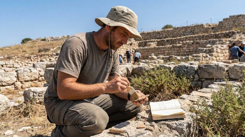 Israeli archaeologist examines ancient ruins at Bethel, holding tools.