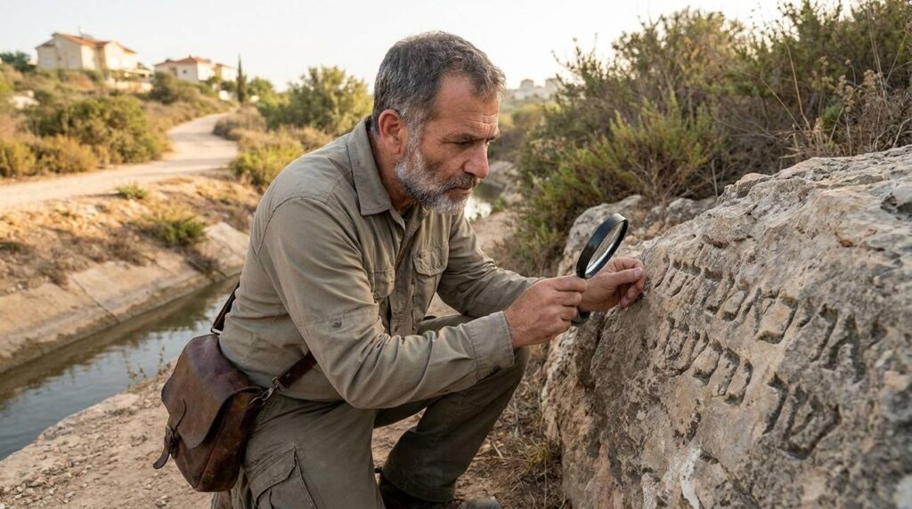 Middle-aged Israeli historian examines inscriptions by Ahava Canal in morning light.