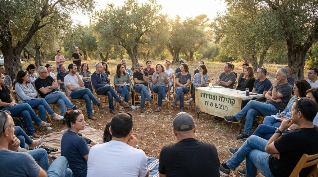 Diverse group of Israelis discussing in a sunlit olive grove.